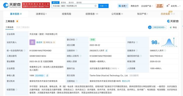天合光能淮安科技公司增资至约28.5亿